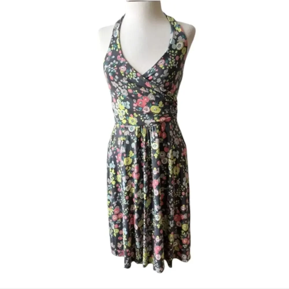 BODEN Women's St. Lucia‎ Halter Dress US Sz 6 Grey Floral Chartreuse Multicolor
